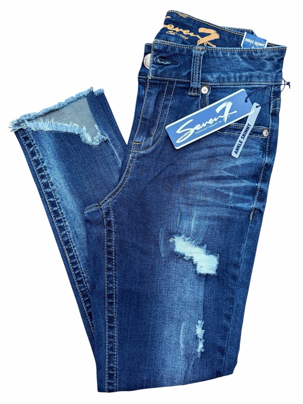 Seven7 Ankle Skinny Jeans NWT Dark Wash Distressed Asymmetrical Hem